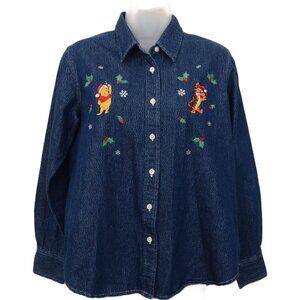 VTG 90s Disney Winnie the Pooh Tigger Christmas Button Down Denim Cotton Shirt